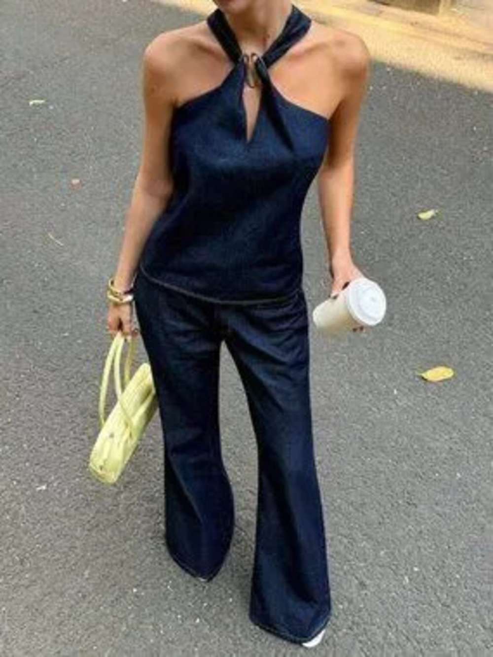 Dark Wash Elegant Women's Two-Piece Halter Top & Straight-Leg Jeans